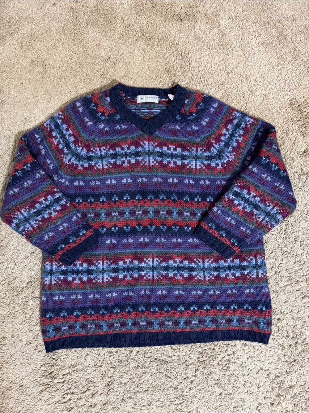 VTG Multicolor Fair Isle V-Neck Sweater Wool Purple, Navy, Red Women's 2X Preppy